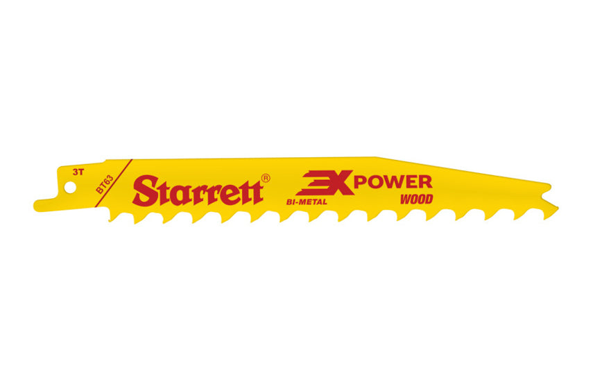 Starrett Bi-Metal Wood Cut Reciprocating Saw Blade - Tapered Shape "3X POWER". Muti-Purpose Reciprocating Blade. Suitable for all types of wood. 6" Long - 3 TPI. Recip saw blade. Model BT63. 7891265153753.