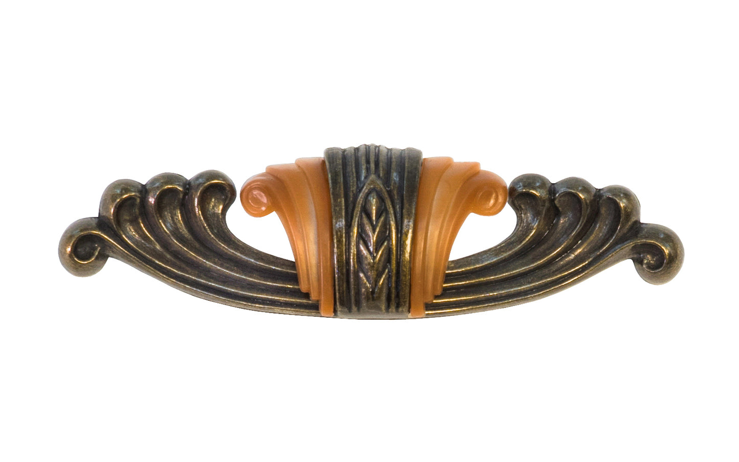 Waterfall-Style Drawer Pull With Bakelite ~ 4-1/4" on Centers. A special & unique drawer pull designed in the "Waterfall-style" / "Art Moderne" style of hardware popular in the 1930's. The handle pull is made of durable zinc material with an antique brass finish, & a bakelite insert inside. 4-1/4" on centers.