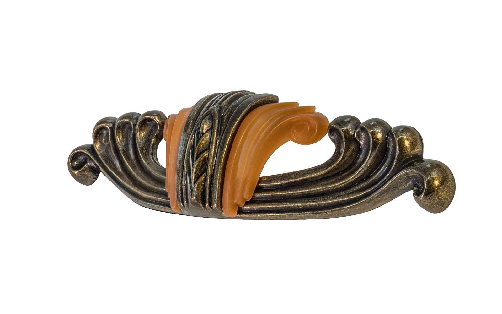 Waterfall-Style Drawer Pull With Bakelite ~ 4-1/4" on Centers. A special & unique drawer pull designed in the "Waterfall-style" / "Art Moderne" style of hardware popular in the 1930's. The handle pull is made of durable zinc material with an antique brass finish, & a bakelite insert inside. 4-1/4" on centers.