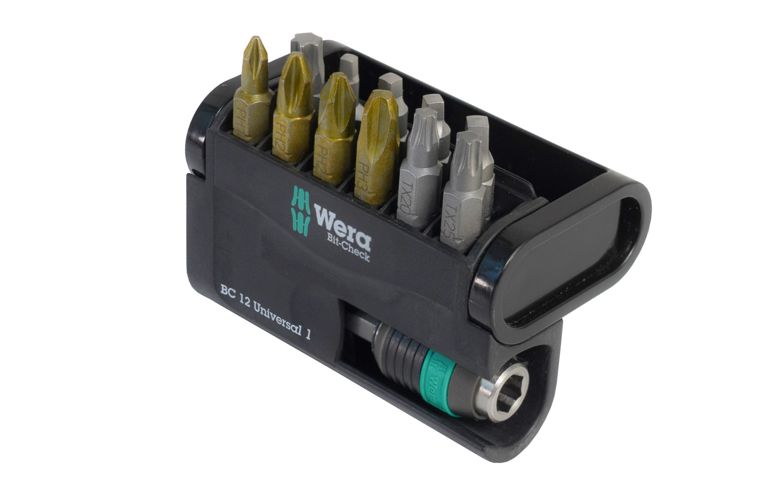 Wera Insert Bit Set with rapid change adaptor bit holder - "Bit-Check 12 Universal 1". BC 12 Universal 1. Phillips Sizes: #1 x 25 mm, (2) #2 x 25 mm, & #3 x 25 mm. Square Drive Sizes: & #1 x 25 mm, (2) #2 x 25 mm, & #3 x 25 mm. Torx Sizes: T20 x 25 mm, T25 x 25 mm, T30 x 25 mm. Model 057428.