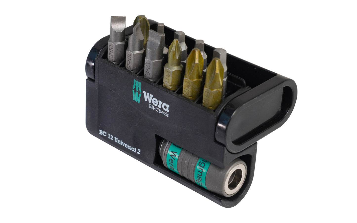 Wera Insert Bit Set with Ring Magnet Bit Holder - "Bit-Check 12 Universal 2". BC 12 Universal 2. Phillips Sizes: #1 x 25 mm, (2) #2 x 25 mm, & #3 x 25 mm. Square Drive Sizes: & #1 x 25 mm, (2) #2 x 25 mm, & #3 x 25 mm. Slotted Sizes: 1 x 5.5 x 25 mm, 1.2 x 6.5 x 25 mm, 0.8 x 5.5 x 25 mm. Model 057429.