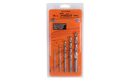 WL Fuller 5-PC SAE Brad Point Drill Bit Set with round shank ~ 25195005C. Set of five HSS brad point drill bits. Designed for wood material. Spurs continue to sheer the wood while drilling. Fractional SAE sizes 1/8", 3/16", 1/4",  5/16", 3/8". 5 piece set. 807200576089. Made in USA.