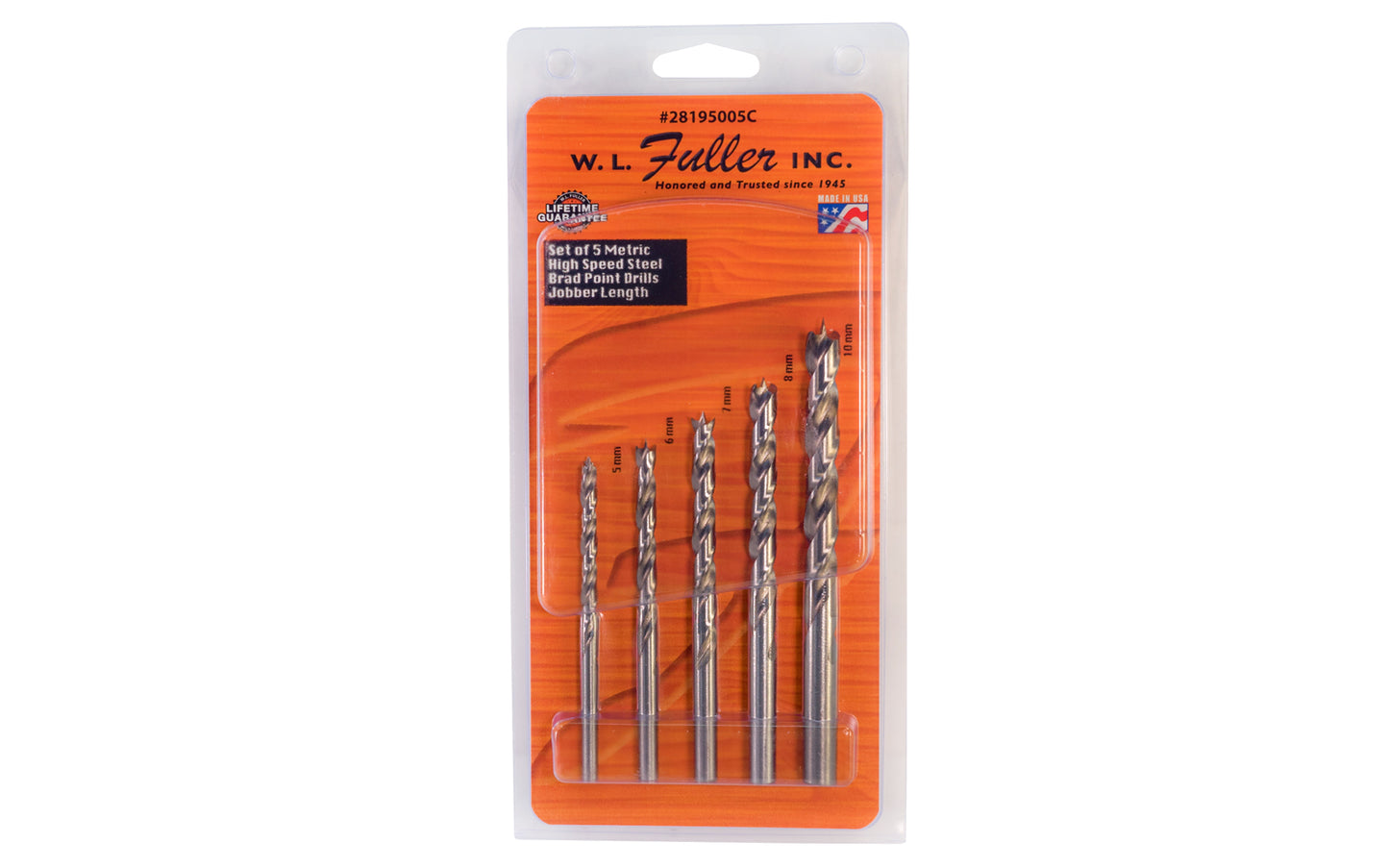 WL Fuller 5-PC Metric Brad Point Drill Bit Set with round shank ~ 28195005C. Set of five HSS brad point drill bits. Designed for wood material. Spurs continue to sheer the wood while drilling. Metric sizes: 5 mm, 6 mm, 7 mm, 8 mm, 10 mm. 5 piece set. Model 28195005C. 807200576096. Made in USA.