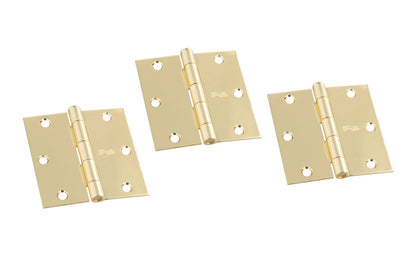 3-1/2" Bright Brass Door Hinge with square corners & a removable pin. 3 Pack. Bright Brass finish on steel material. Countersunk holes. Includes flat head screws. 3-1/2" x 3-1/2" door hinge size. Five knuckle, full mortise design. National Hardware Model No. N830-320. 886780007664