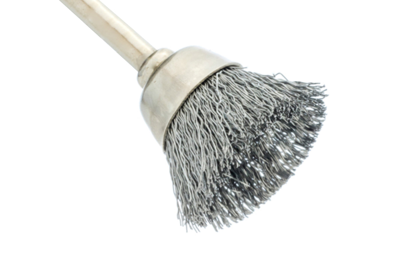 Mini Stainless Steel Wire Cup Brush - 3/4" Diameter - 1/8" Shank. Ideal for cleaning, polishing, and producing special finishes on various surfaces. Made by Sona Enterprises.