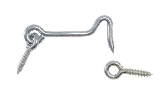 Made in USA. Zinc-Plated Steel 2-1/2" Hook & Eye. General-purpose hook & eye for doors, gates, & other uses. Sold as one set each. Quality hardware made in the USA.