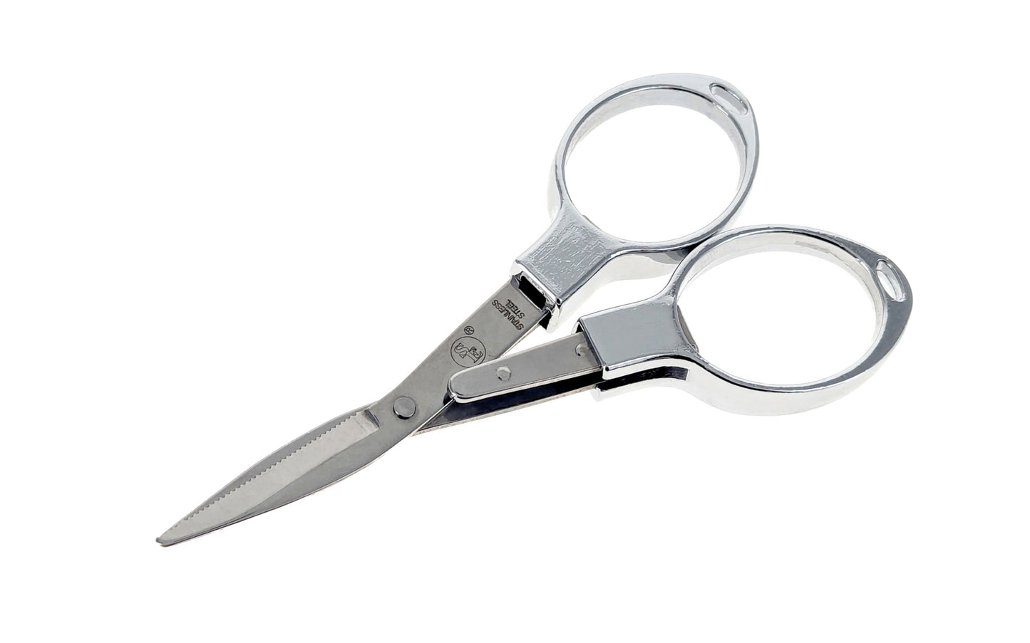 Compact Folding Scissors with micro serrated blade. Features a sliding mechanism for compactness. Versatile tool suitable for fishing & general household tasks, etc. Made by SE.