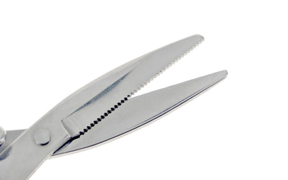 Compact Folding Scissors with micro serrated blade. Features a sliding mechanism for compactness. Versatile tool suitable for fishing & general household tasks, etc. Made by SE.