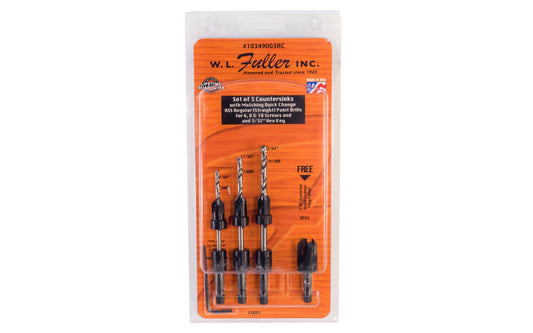 WL Fuller 3-piece countersink set with 3/8" plug cutter. Model 10349003RC ~ With matching quick change HSS drills for #6, #8, & #10 screws. Countersink is made of carbon steel & heat-treated for long life ~ Countersink & counterbore the heads of screws ~ Use in all woods & plastics - 82° cutting angle head
