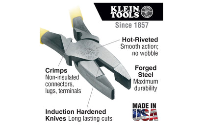 Klein Tools 9" Lineman's Pliers with Crimping Feature ~ D2000-9NECR. Built-in crimper for non-insulated connectors, lugs & terminals. Cuts ACSR, screws, nails, and most hardened wire. Induction hardened cutting knives for long life. Streamlined design with sure-gripping, cross-hatched knurled jaws. Made in USA.