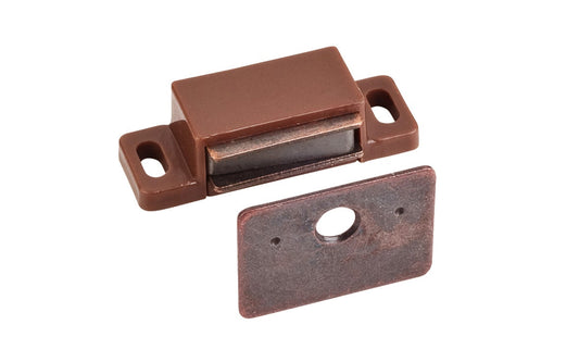 Brown magnetic catch with a bronze color plate in a plastic housing. Includes screws & plate. Sold as a single catch. Great for cabinet doors, etc. Made by Hardware Resources.
