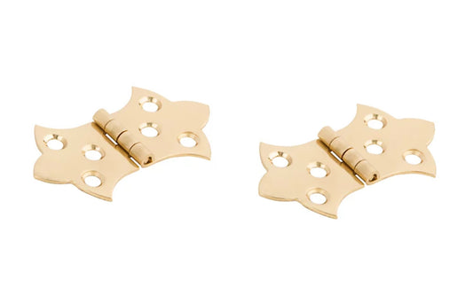 These solid brass small hinges are designed to add a decorative appearance to small boxes, jewelry boxes, small lightweight cabinet doors, craft projects, etc. Made of solid brass material with a bright brass finish. 1-5/16" high x 2-1/4" wide. Surface mount. Non-removable pin. Sold as two hinges. National Hardware Model No. N211-821. 
