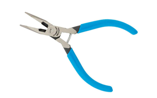Channellock 5" Needle Nose Pliers with serrated tips. Wire cutter on plier. Vinyl blue comfort grips. Model E47S.   Made in USA.