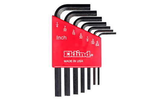 This Eklind 7-PC Hex-L Wrench Key SAE Set. 5/64", 3/32", 1/8", 5/32", 3/16", 7/32", 1/4" sizes. Allen wrench set is manufactured using the finest quality alloy steel. It is hardened, tempered & finished with Eklind black finish to resist rust. Plastic holder firmly retains each key. Eklind model 10107. Made in USA.