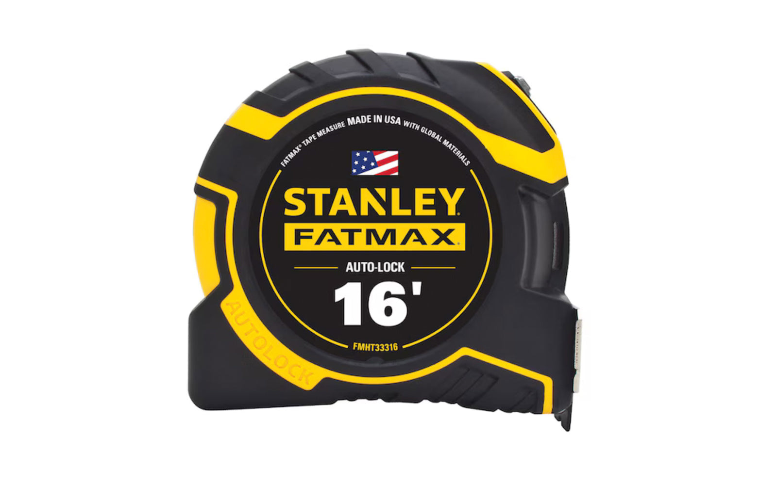 Made in USA · Model FMHT33316 ~ Stanley Fatmax 16' Auto-Lock Tape Measure. The auto-lock mechanism holds the blade secure until you are ready to release it, a detachable framing hook is ready to grab studs when you need it. 1-1/4" wide blade - Easy-to-read lockable yellow blade.