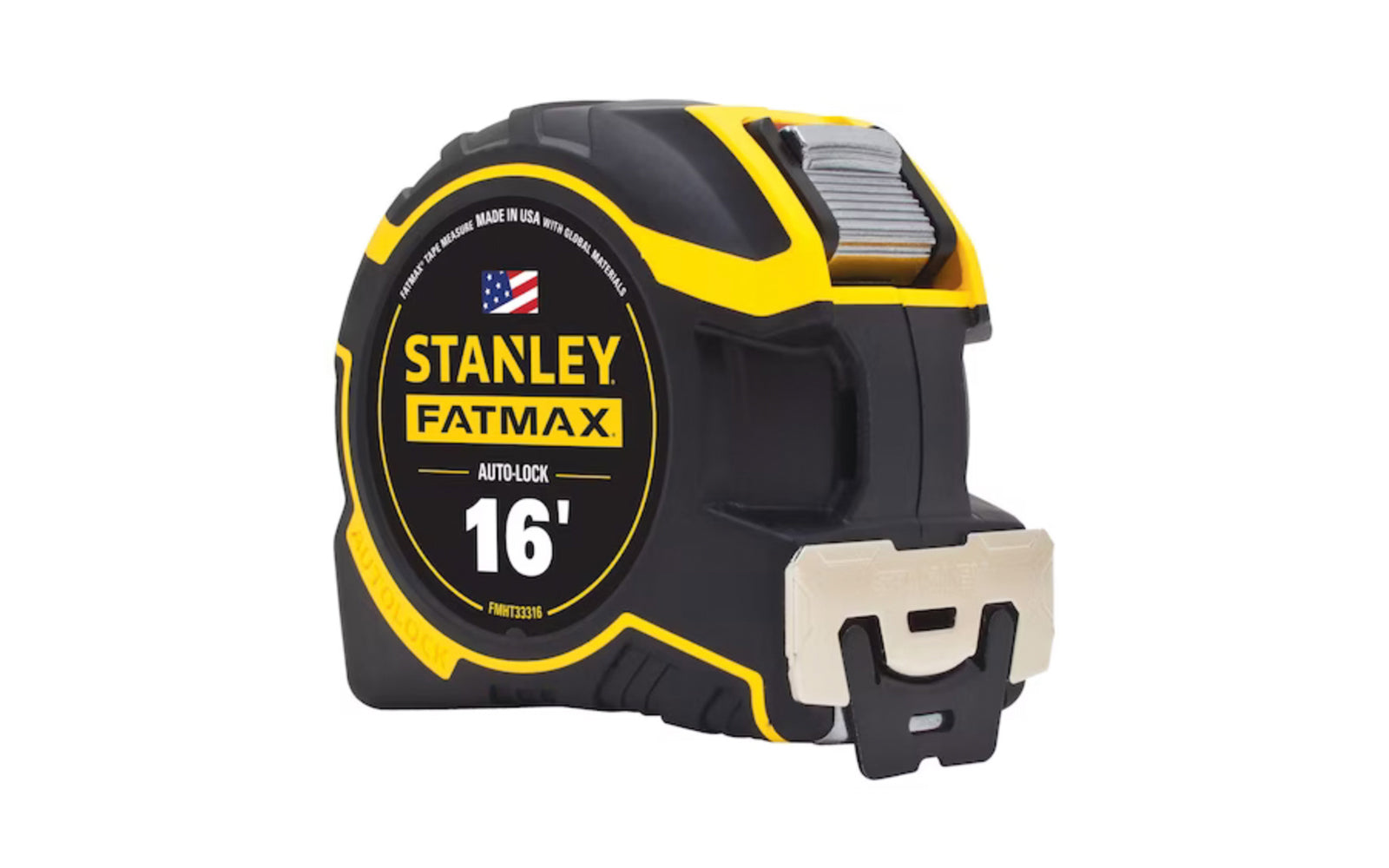 Made in USA · Model FMHT33316 ~ Stanley Fatmax 16' Auto-Lock Tape Measure. The auto-lock mechanism holds the blade secure until you are ready to release it, a detachable framing hook is ready to grab studs when you need it. 1-1/4" wide blade - Easy-to-read lockable yellow blade.