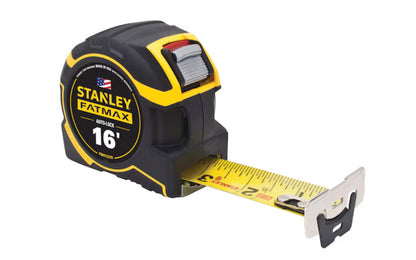 Made in USA · Model FMHT33316 ~ Stanley Fatmax 16' Auto-Lock Tape Measure. The auto-lock mechanism holds the blade secure until you are ready to release it, a detachable framing hook is ready to grab studs when you need it. 1-1/4" wide blade - Easy-to-read lockable yellow blade.