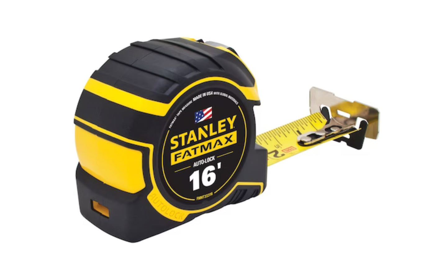 Made in USA · Model FMHT33316 ~ Stanley Fatmax 16' Auto-Lock Tape Measure. The auto-lock mechanism holds the blade secure until you are ready to release it, a detachable framing hook is ready to grab studs when you need it. 1-1/4" wide blade - Easy-to-read lockable yellow blade.