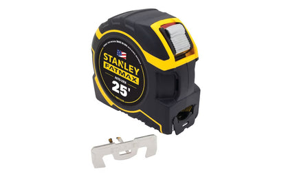 Made in USA · Model FMHT33338 ~ Stanley Fatmax 25' Auto-Lock Tape Measure. The auto-lock mechanism holds the blade secure until you are ready to release it, a detachable framing hook is ready to grab studs when you need it. 1-1/4" wide blade - Easy-to-read lockable yellow blade.