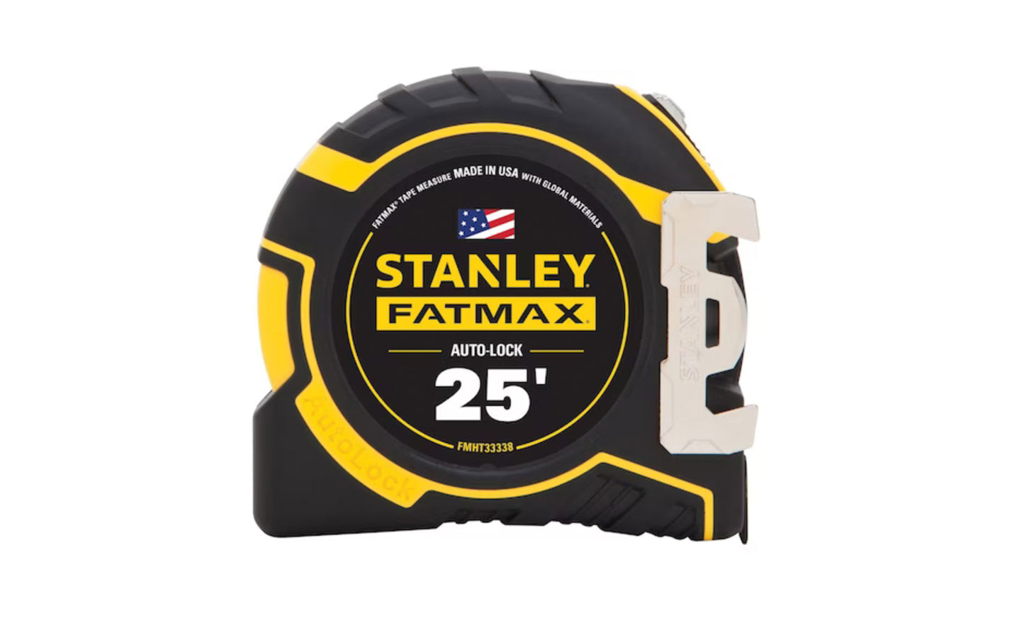 Made in USA · Model FMHT33338 ~ Stanley Fatmax 25' Auto-Lock Tape Measure. The auto-lock mechanism holds the blade secure until you are ready to release it, a detachable framing hook is ready to grab studs when you need it. 1-1/4" wide blade - Easy-to-read lockable yellow blade.