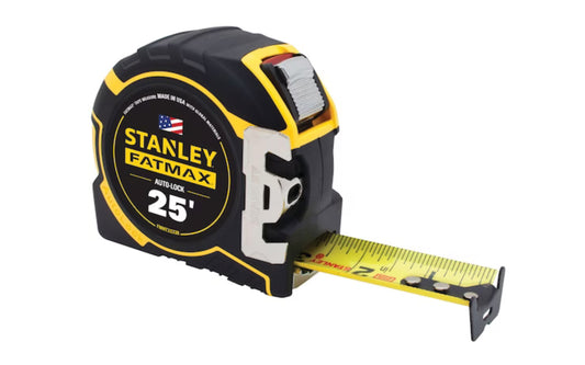 Made in USA · Model FMHT33338 ~ Stanley Fatmax 25' Auto-Lock Tape Measure. The auto-lock mechanism holds the blade secure until you are ready to release it, a detachable framing hook is ready to grab studs when you need it. 1-1/4" wide blade - Easy-to-read lockable yellow blade.