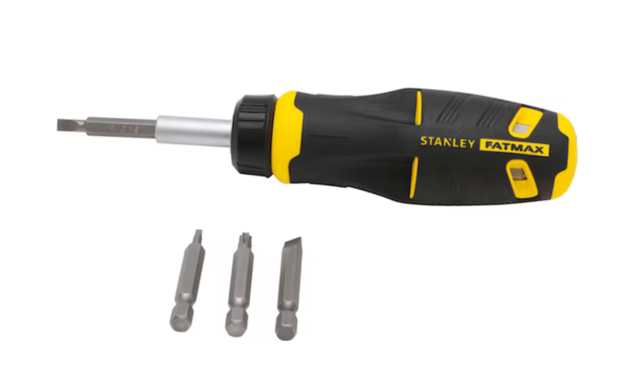 Stanley Fatmax "Push-N-Pick" Multi-Bit Ratcheting Screwdriver with "Push and Pick" change process. Handle also doubles as bit storage to ensure no bits are lost. The S2 steel bits provide added strength. Eight bits: #1 & #2, Phillips, 1/4" & 3/16" Slotted, #1 & #2 Square Drive, T20 & T25 Torx. Stanley Model FMHT62287.