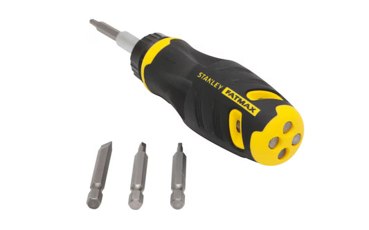 Stanley Fatmax "Push-N-Pick" Multi-Bit Ratcheting Screwdriver with "Push and Pick" change process. Handle also doubles as bit storage to ensure no bits are lost. The S2 steel bits provide added strength. Eight bits: #1 & #2, Phillips, 1/4" & 3/16" Slotted, #1 & #2 Square Drive, T20 & T25 Torx. Stanley Model FMHT62287.