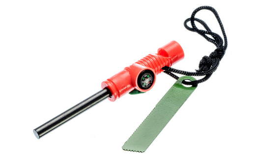 3-in-1 Flint Fire Starter, Compass & Whistle. Utilize the edge of the striker bar to create sparks against the 2" x 1/4" diamond flint rod for fire starting. Whistle & compass on striker. Made by SE.