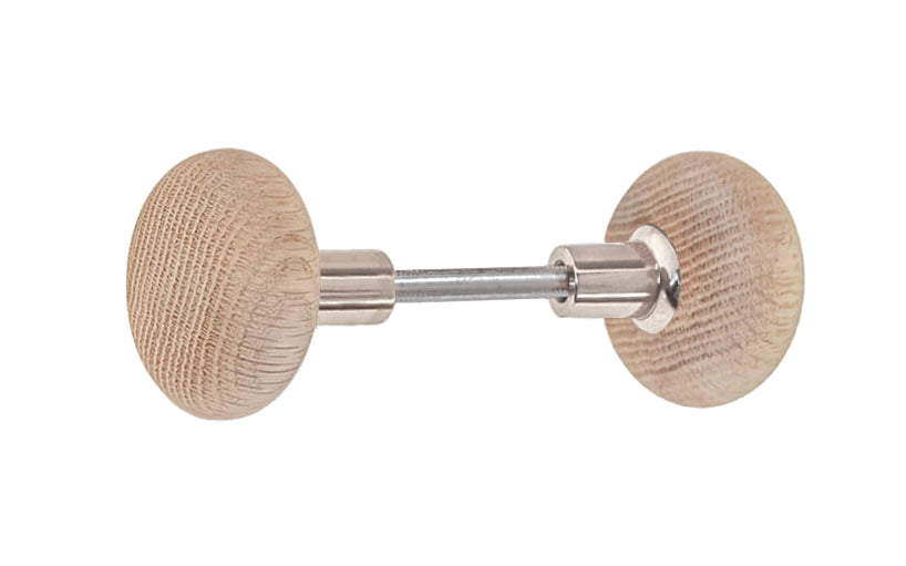 Vintage-style Hardware · Solid Oak Wood Doorknob Set ~ Round Style ~ 2-1/4" diameter knob ~ Solid brass ferrule base ~ Will fit doors with a thickness of 1" to 2-1/2". Wooden door knob. Polished Nickel Finish.