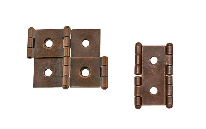 Double Action Cabinet Hinges for 3/4" Panels ~ 1-3/4" High. Helps doors to swing both ways, & designed for different types of doors including shoji screens, folding doors, shutters, screens, bar doors, small doors & panels. Steel material with an Antique Copper Finish
