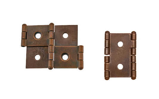 Double Action Cabinet Hinges for 1" Panels ~ 1-7/8" High. Helps doors to swing both ways, & designed for different types of doors including shoji screens, folding doors, shutters, screens, bar doors, small doors & panels. Steel material with an Antique Copper Finish