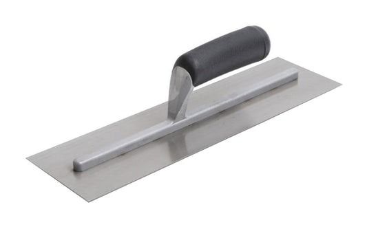 This Marshalltown 11" x 4-1/2" Finishing Trowel has a cast aluminum mounting securely riveted to the tempered, polished steel blade.