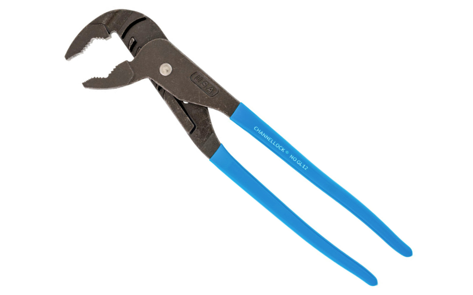 Channellock 12-1/2" Tongue & Groove "GripLock" Plier GL12 has an ergonomically designed offset head that provides more leverage. A special jaw design allows it to grip down on many shapes for added versatility. Channelock Model GL12. Professional non-slip channellocks. adjustable tongue and groove plier. Made in USA.