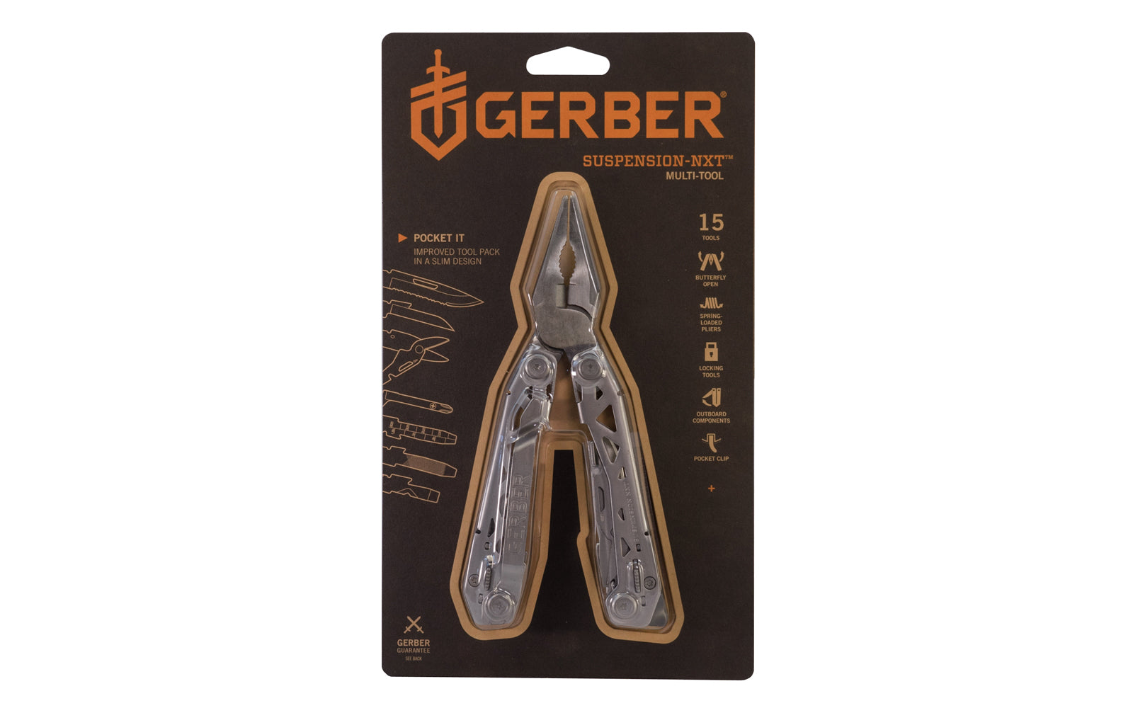 Gerber 15-in-1 "Suspension-NXT" Multi-Tool. 15 tools in a smart, everyday carry package. Equipped with a pocket clip making it easily carried in a pocket or on a belt. Features a slim butterfly design with outboard tools that are accessible quickly when unexpected tasks come up. Gerber Pocket Multi Tool Knife & Pliers.