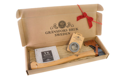 Made in Gränsfors, Sweden · Special Limited Edition gift box set - Cardboard gift box ~ Includes Small Forest Axe No. 420 Model - Sharpening Axe Stone, Coarse & Fine - Axe Book - Leather Sheath ~ Hand-forged with excellent craftsmanship 