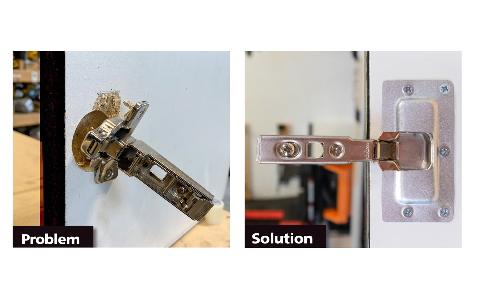 The FastCap Hinge Repair Kit is a help for fixing European style cabinet hinges that have failed or torn out of the hinge cup. Euro Hinge repair plate.