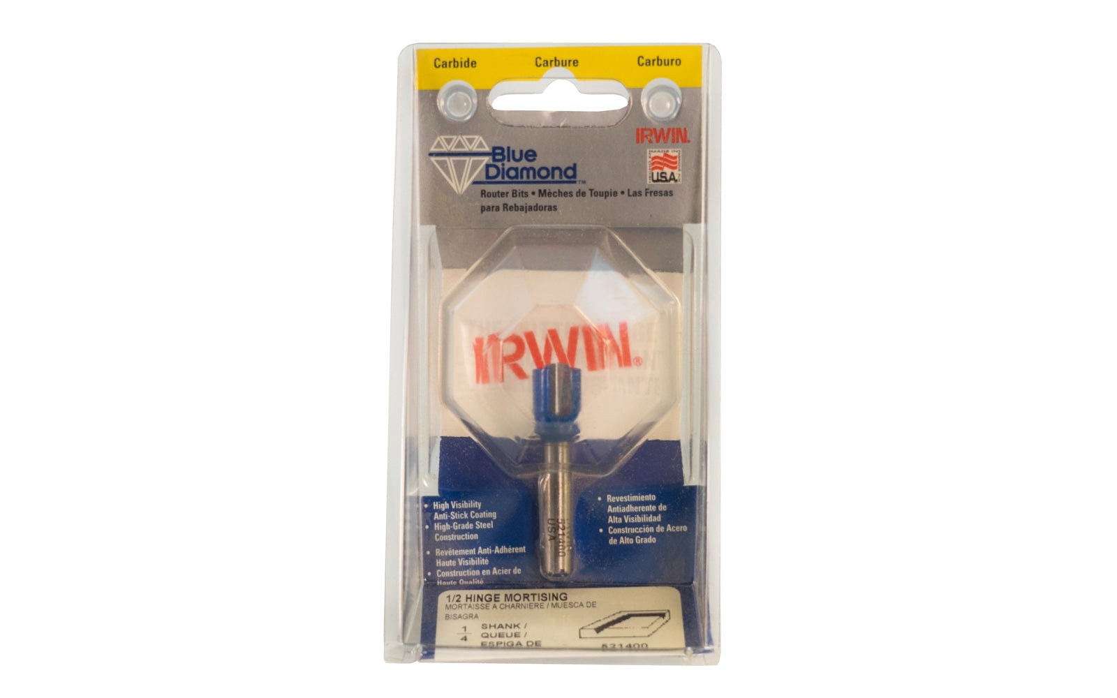 Irwin Carbide 1/2" Hinge Mortising Router Bit - Made in USA. High grade Steel construction Router Bit. 2" overall length. 1/4" shank. Irwin Blue Diamond Model No. 521400. Made in USA.