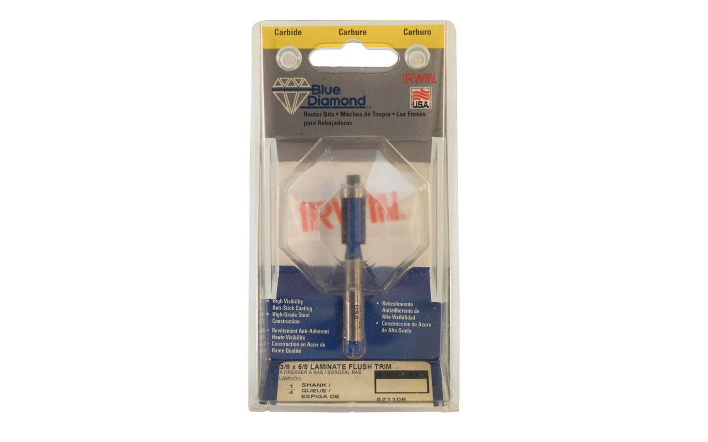 Irwin Carbide 3/8" x 5/8" Laminate Flush Trim Router Bit - Made in USA. High grade Steel construction Router Bit. 2-1/2" overall length. 1/4" shank. Irwin Blue Diamond Model No. 521106. Made in USA.