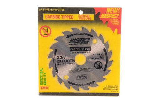 Irwin 3-3/8" Carbide Tipped Circular Saw Blade - 20 Tooth. 15 mm arbor hole. 024721140005. Made in Japan.