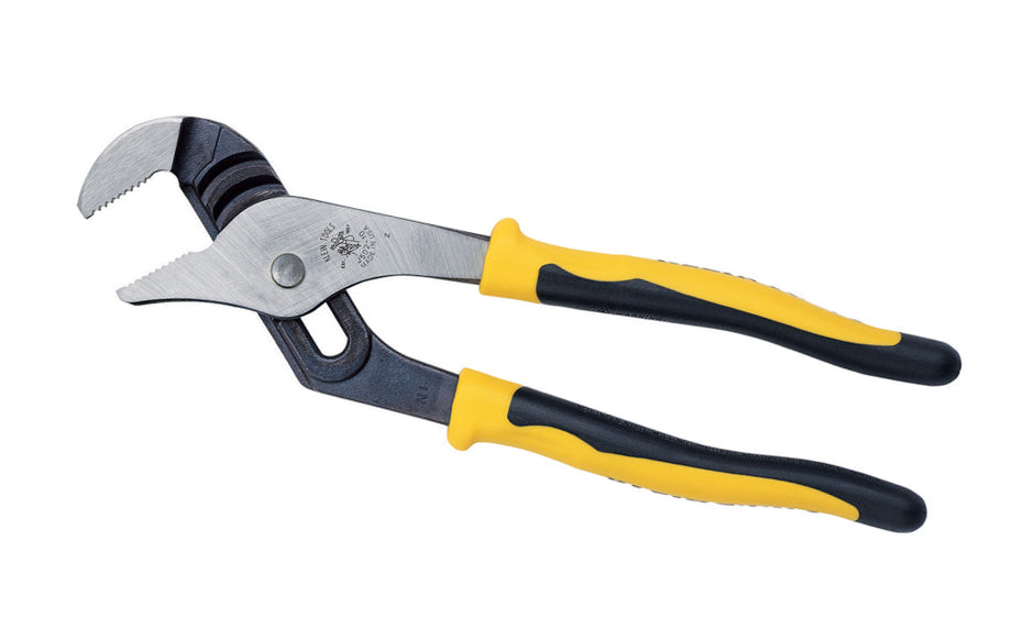 Klein Tools 'Journeyman' High-Leverage 10" Pump Pliers feature a secure tongue &amp; groove design for a non-slip grip even when heavy pressure is applied. Tension-loaded joint reduces handle wobble for sure gripping. Dual-material Journeyman handle for better grip & comfort. Model J502-10. Made in USA.