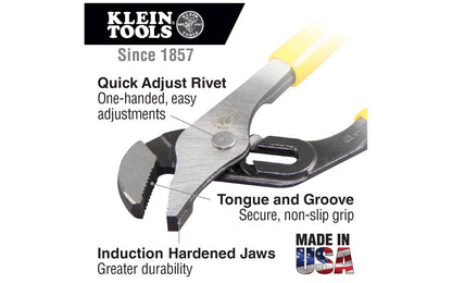 Klein Tools 'Journeyman' High-Leverage 10" Pump Pliers feature a secure tongue &amp; groove design for a non-slip grip even when heavy pressure is applied. Tension-loaded joint reduces handle wobble for sure gripping. Dual-material Journeyman handle for better grip & comfort. Model J502-10. Made in USA.