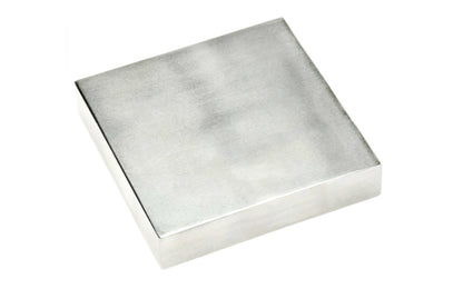 Steel Bench Block 4" x 4" x 3/4". Constructed from high carbon steel - Hardened, smoothly polished, ground flat. Designed to withstand heavy use without damage to its surface. Great for jewelry work & metalworking tasks Comes lubricated in oil. 3 lb. weight.