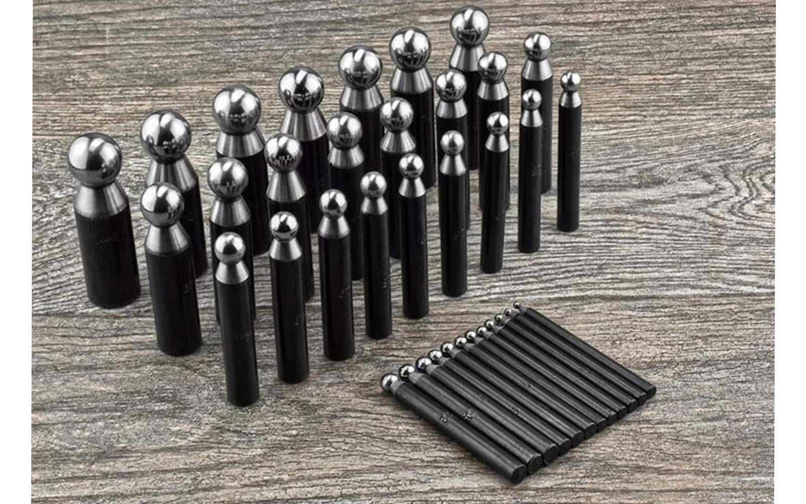  36-PC Polished Stainless Steel Dapping Punch Set. Great for jewelry work & metalworking tasks. Made by SE. Sizes include: 3.9, 4.2, 4.8, 5.6, 6.5, 6.8, 7, 7.5, 7.6, 8.9, 9.3, 9.8, 10, 10.8, 11.4, 12, 12.4, 13, 13.5, 13.8, 14.4, 15.3, 14.9, 16, 16.5, 17, 18, 18.5, 19.5, 20, 21.4, 21.8, 22.8, 23, 24, and 25mm.