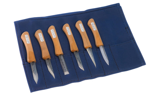These Japanese carving knives are used for marking, trimming, carving & shaping woodworking & bamboo. 6 PC set. Includes a tool roll for storage. Made by Ikeuchi Hamono. Made in Japan.