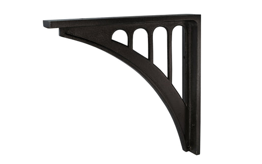 Black Finish "Art Nouveau" Style Shelf Bracket. Designed in the Art Nouveau style of hardware, yet it has a timeless quality & will fit with current modern decors as well. Made of sturdy cast aluminum with a black finish. Rustic black finish shelf bracket. 10" size. Arch design shelf bracket.