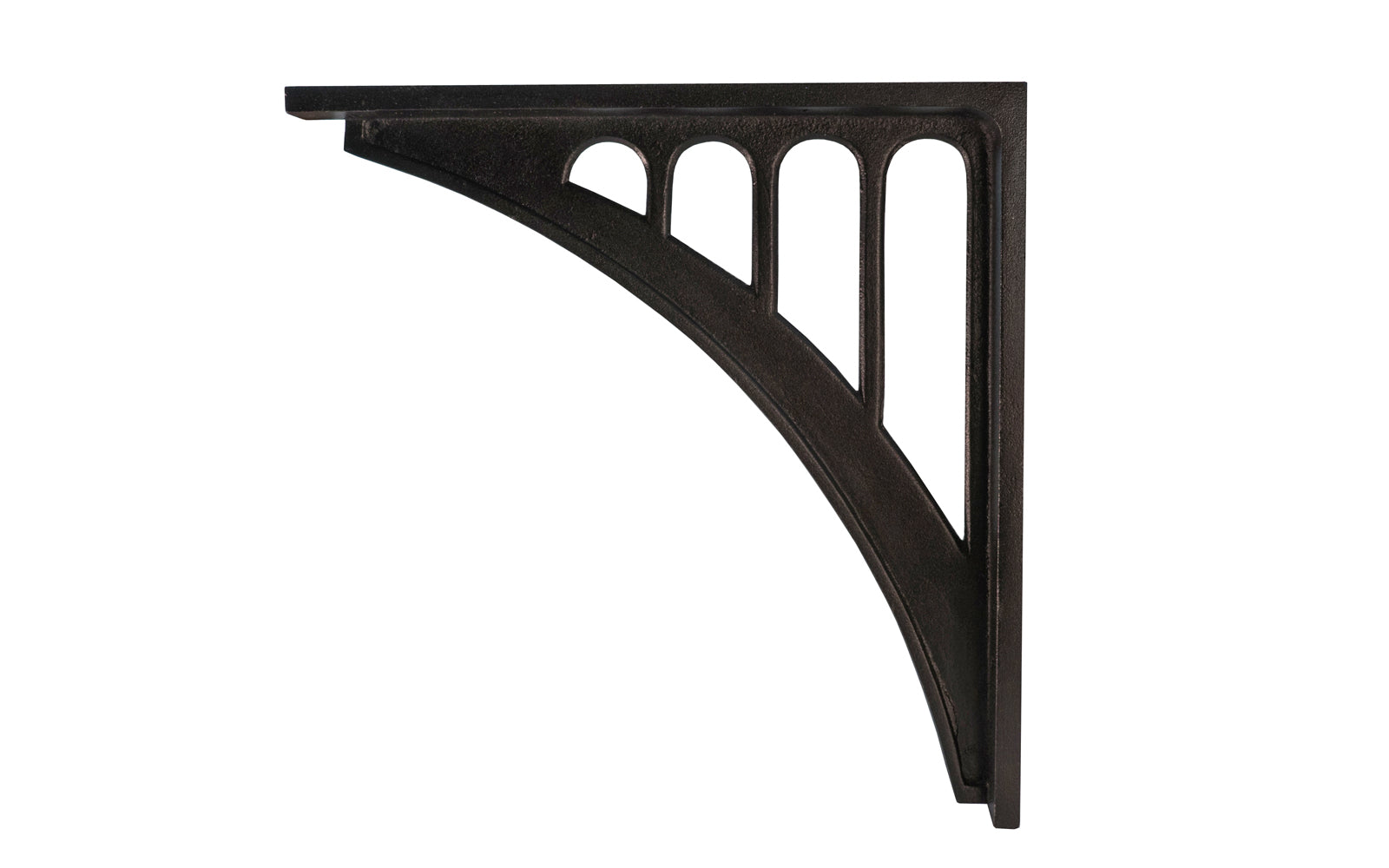 Black Finish "Art Nouveau" Style Shelf Bracket. Designed in the Art Nouveau style of hardware, yet it has a timeless quality & will fit with current modern decors as well. Made of sturdy cast aluminum with a black finish. Rustic black finish shelf bracket. 10" size. Arch design shelf bracket.