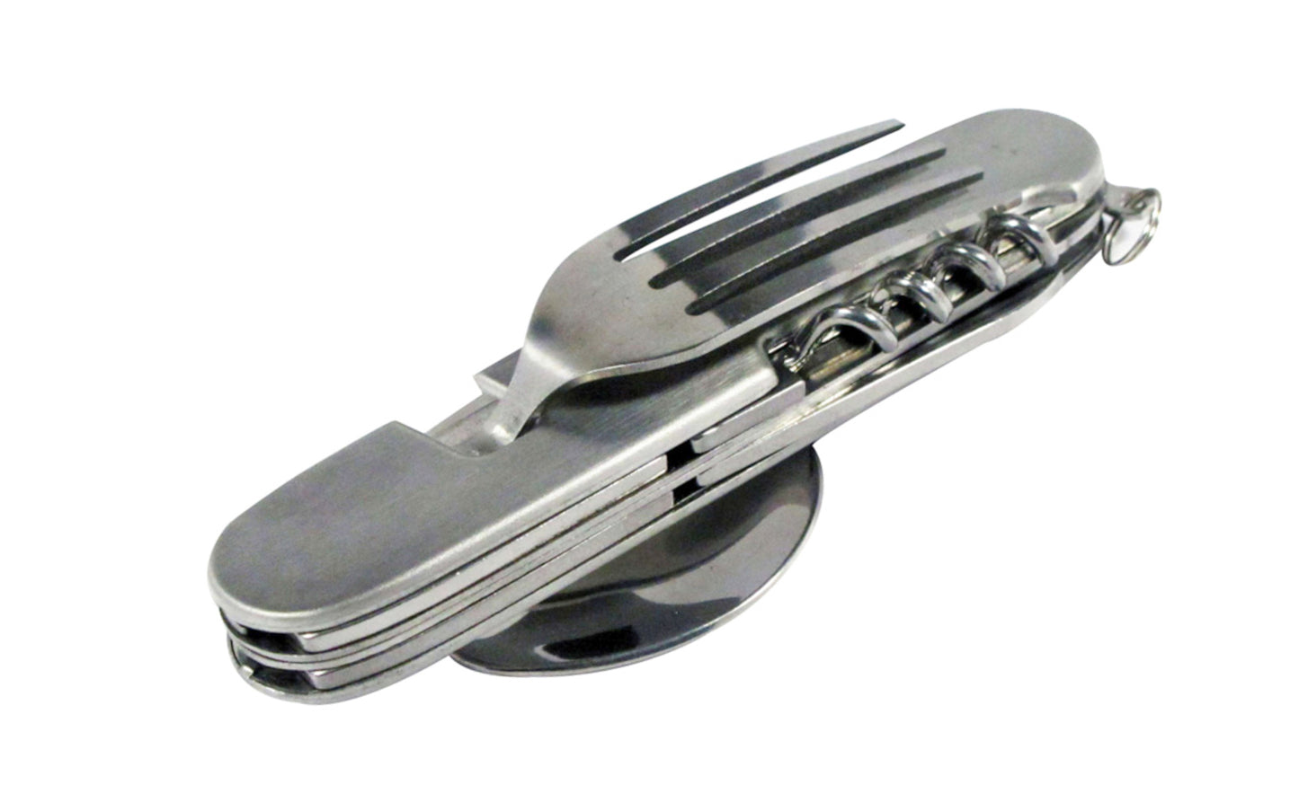 7-in-1 Camping Multi-Tool. Combines seven essential camping tools in one convenient device: Spoon, can opener, bottle opener, corkscrew, four-prong fork, 2-3/4" length blade, tent reamer. Made by SE.