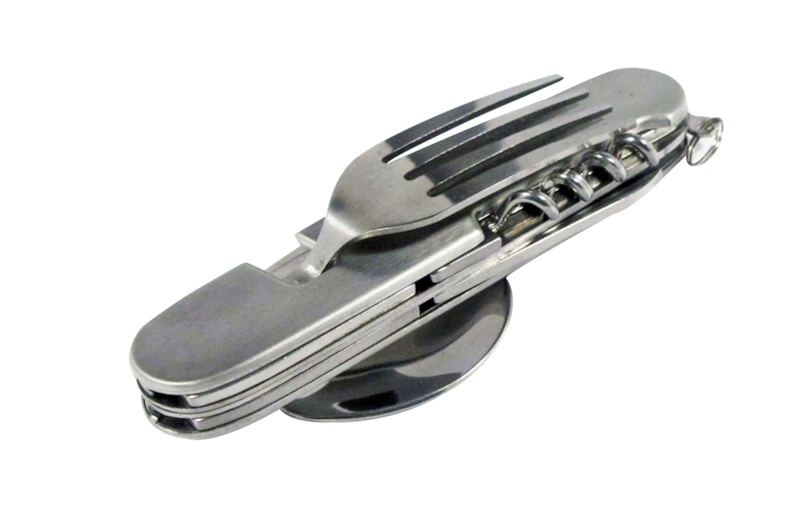 7-in-1 Camping Multi-Tool. Combines seven essential camping tools in one convenient device: Spoon, can opener, bottle opener, corkscrew, four-prong fork, 2-3/4" length blade, tent reamer. Made by SE.