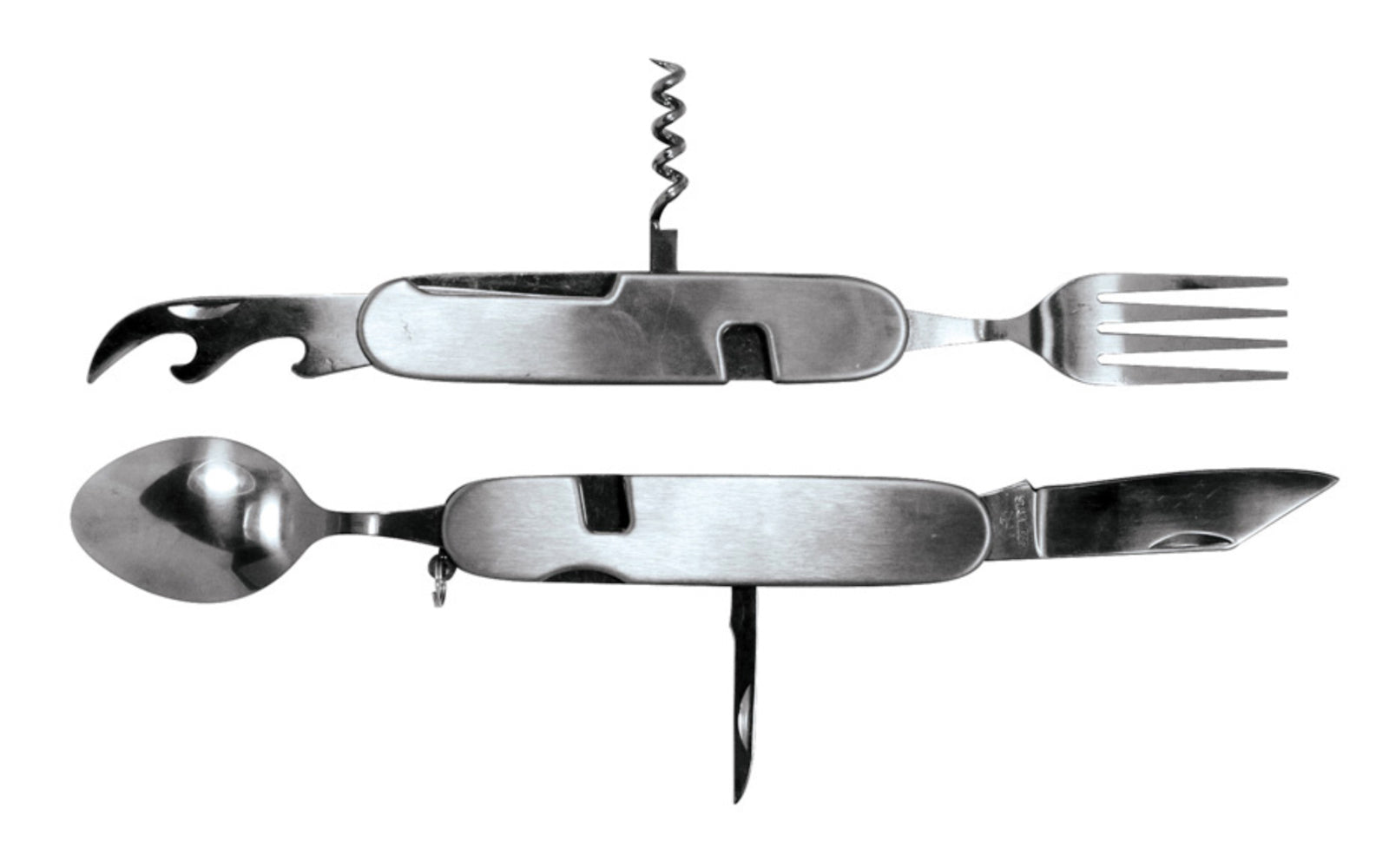 7-in-1 Camping Multi-Tool. Combines seven essential camping tools in one convenient device: Spoon, can opener, bottle opener, corkscrew, four-prong fork, 2-3/4" length blade, tent reamer. Made by SE.