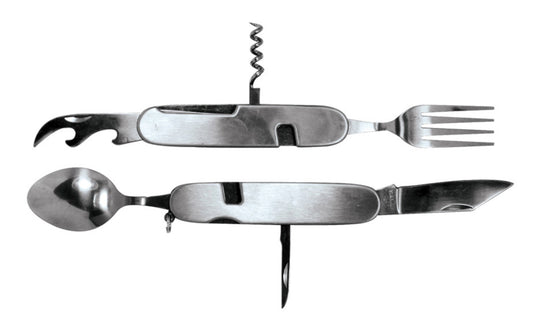 7-in-1 Camping Multi-Tool. Combines seven essential camping tools in one convenient device: Spoon, can opener, bottle opener, corkscrew, four-prong fork, 2-3/4" length blade, tent reamer. Made by SE.